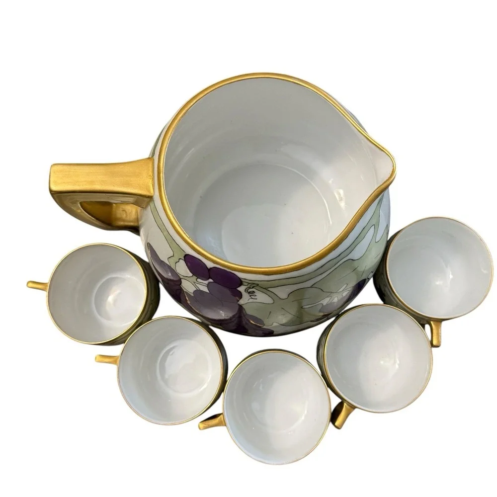 Vintage Vienna Austria Hand Painted Grapes Lemonade Set Pitcher 5 Cups Gold Trim